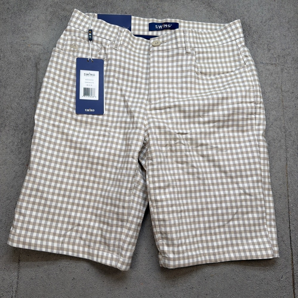 Swing Control Golf Shorts Mens 32x10 Beige‎ White Gingham Stretch